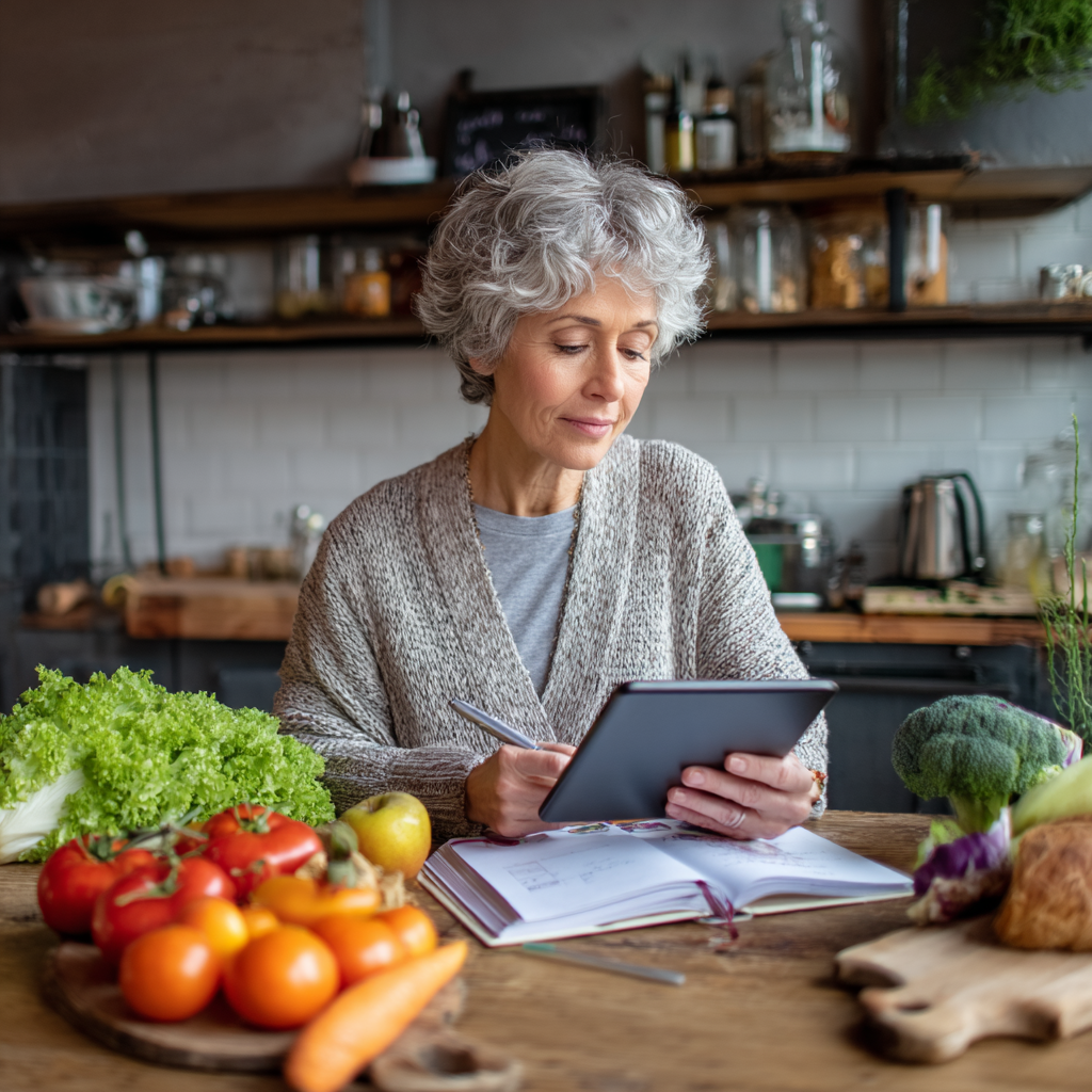 Жінка 56 років сидить за столом з планшетом, переглядаючи план харчування, на столі здорові продукти та блокнот