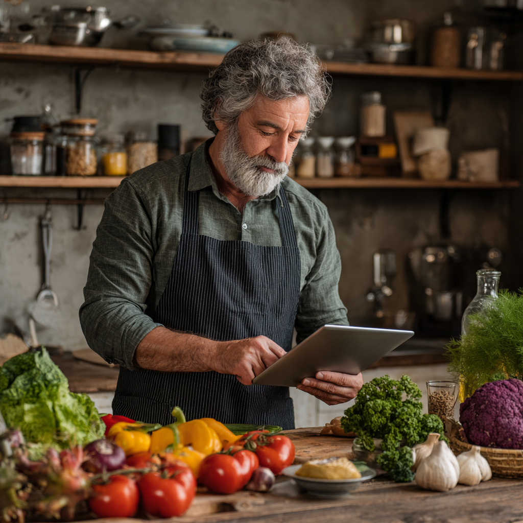 Чоловік 58 років готує здорову страву на кухні, використовуючи планшет з рецептом, оточений свіжими інгредієнтами
