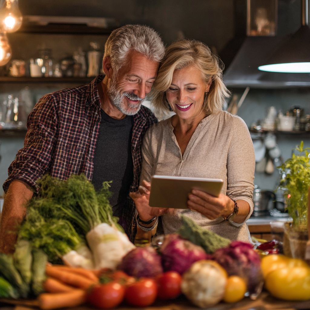 Пара у віці 52-60 років разом готує здорову їжу на кухні, усміхаючись та дивлячись на планшет з рецептом