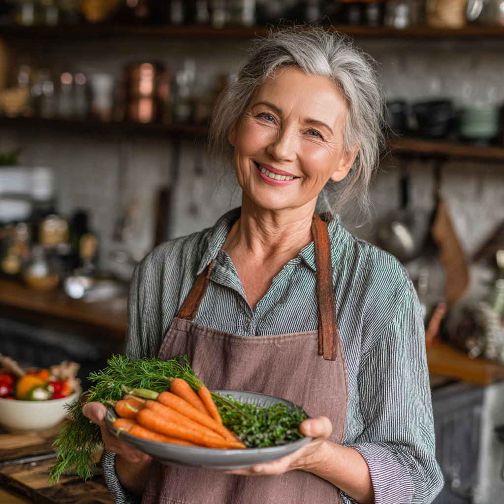 Усміхнена жінка 55 років тримає тарілку зі здоровими овочами та зеленню, готує обід на кухні